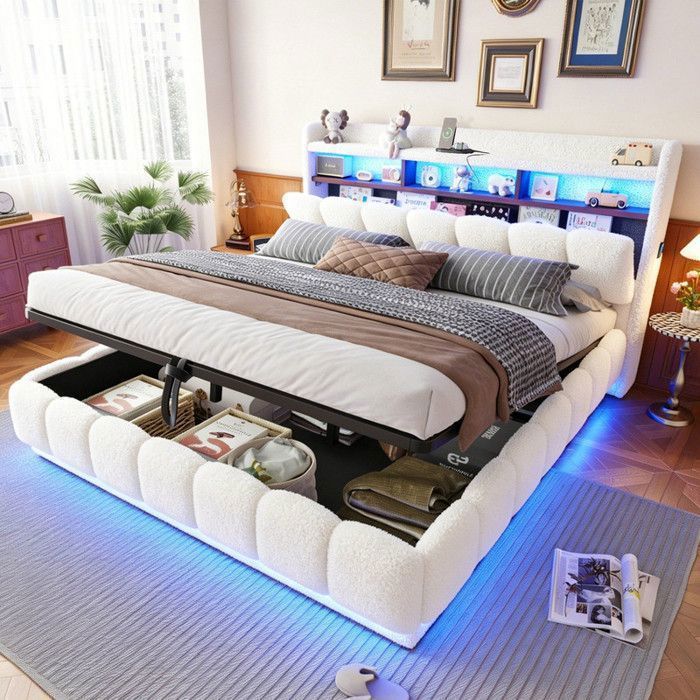 Lit coffre lit double 180x200cm avec rangement hydraulique revêtement en peau de mouton LED et port USB sommier à lattes blanc