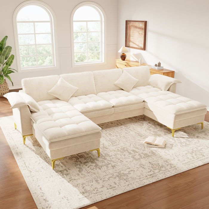 Canapé panoramique en U 4 places 262 x 134 x 86 cm 2 coussins assise double couche pieds dorés effet nuage chenille Beige