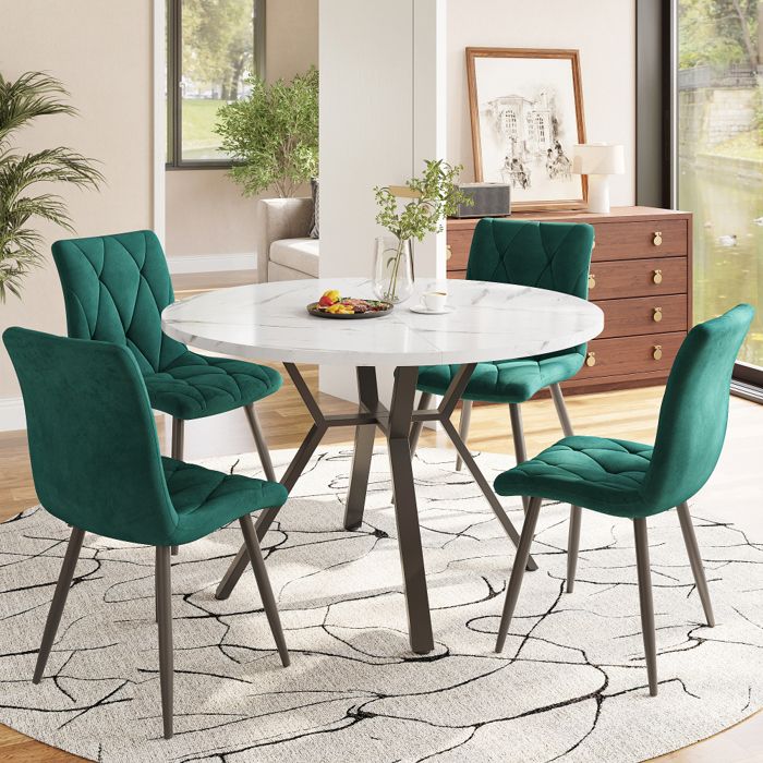 Ensemble table à manger 5 pièces table ronde effet marbre avec 4 chaises ergonomiques vertes style moderne