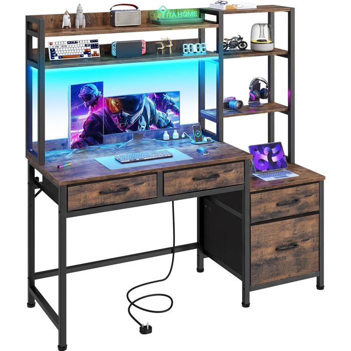 Bureau dordinateur avec tiroirs Bureau à Domicile Rangement et étagères Bureau de Jeu avec lumière LED et Prises Bureau dangle