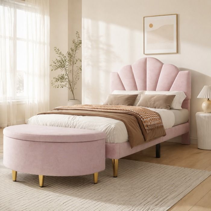 Lit simple 90×200 cm - ZEVKOR - Tête de lit coquillage - Velours rose - Banc de rangement - Pieds dorés