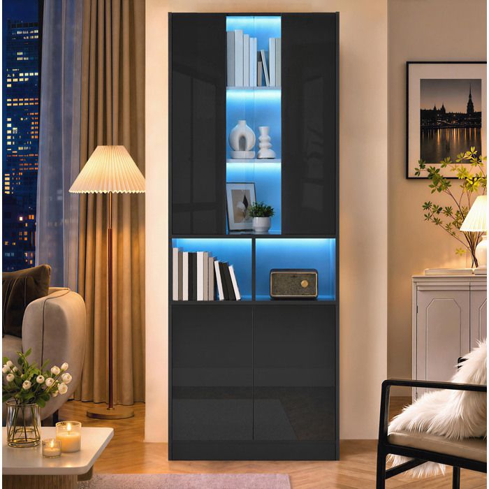 Modenuit Armoire haute LED commandée par application fenêtre acrylique noir brillant 70 x 35 x 180 cm