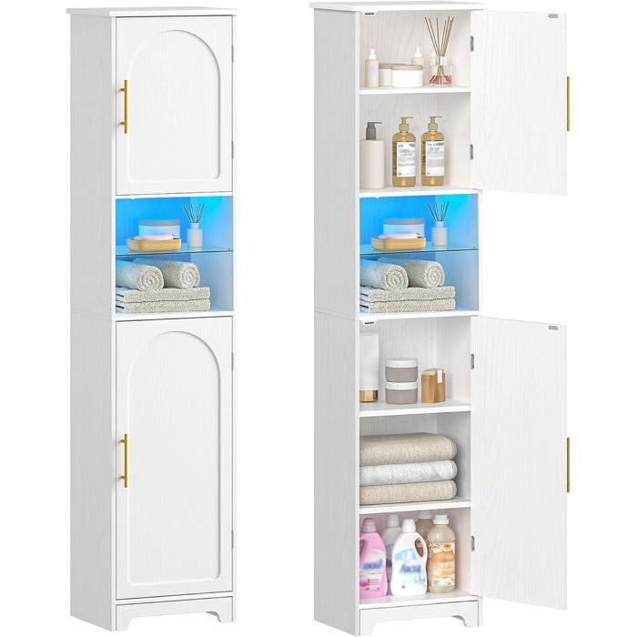 Meuble salle de bain sur pied - armoire rangement éclairage LED 4 portes étagères réglables 30 x 40 x 170 cm finition blanche