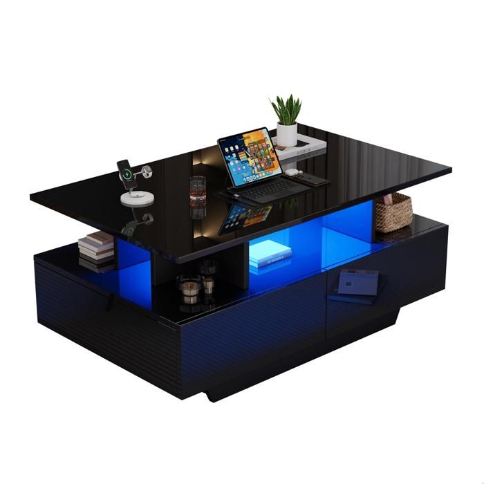 Table Basse LED 90 cm 2 Tiroirs de Rangement Meuble Centrale Rectangulaire pour Salon Noir Imitation Marbre
