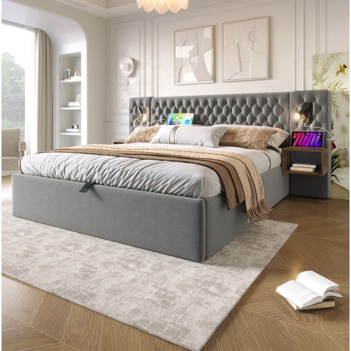 Lit coffre 180x200 cm hydraulique velours gris avec chevets intégrés lampes de lecture USB Type-C sans matelas VEVXYN