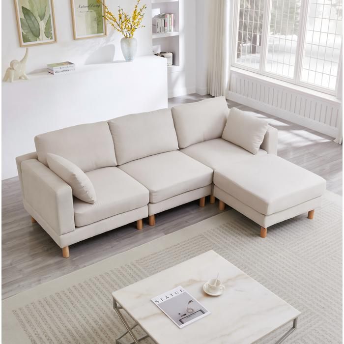 Canapé dangle 3 places avec pouf réversible 235x152x78 cm beige polyester pieds en bois style scandinave TYNQER