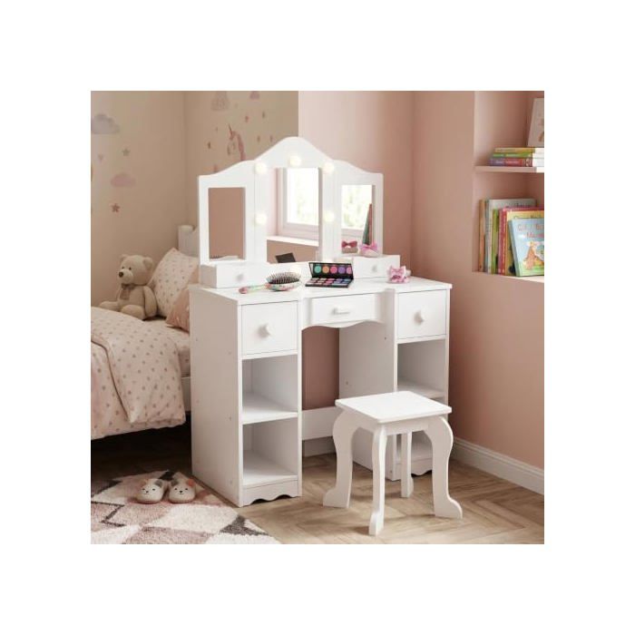 Coiffeuse enfant - ZSTAR - 2-en-1 - Miroir LED pliable - 5 tiroirs - Tabouret assorti