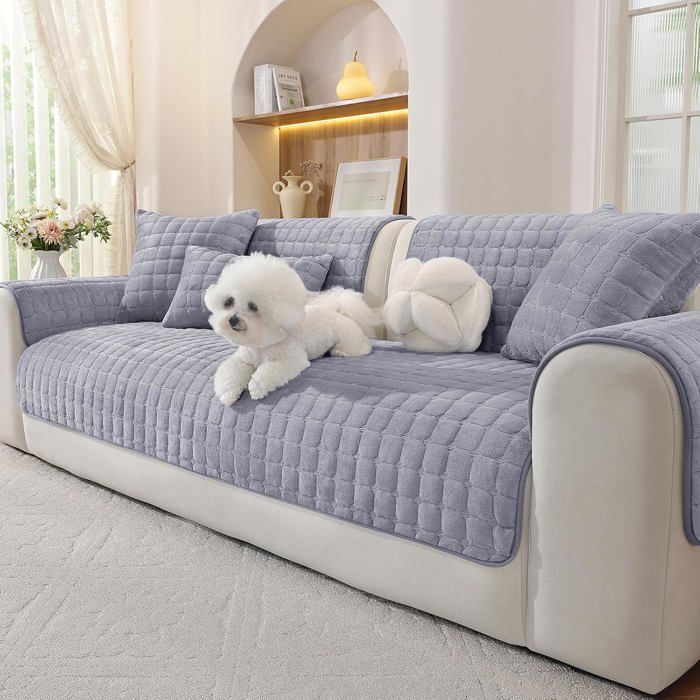 Housse de canapé en velours épais antidérapante - 70 x 210 cm - Gris clair - Compatible canapé 1/2/3/4 places et angle