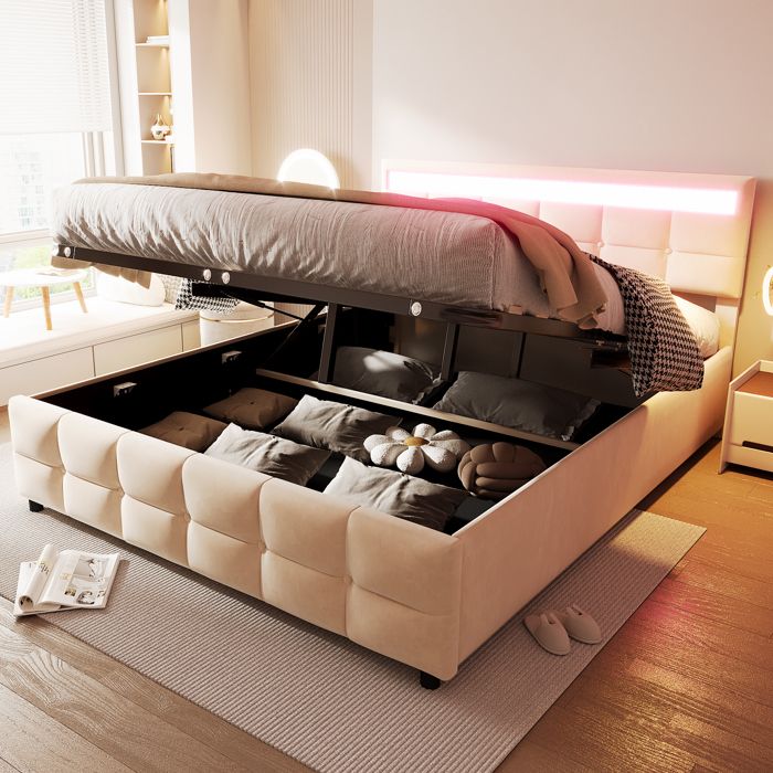 Lit double 203x183.5x97.5 cm Beige Velours avec coffre hydraulique LED et lattes