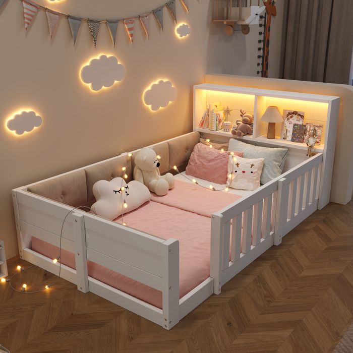 Lit simple rembourré 90x200 cm coloris blanc dimensions 213.5x98x75 cm barrières de protection éclairage LED sans matelas