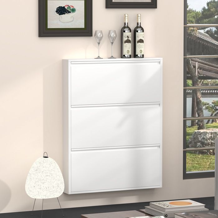 COVREO Meuble à chaussures mural 3 tiroirs basculants acier blanc format étroit 80 x 15 2 x 109 25 cm