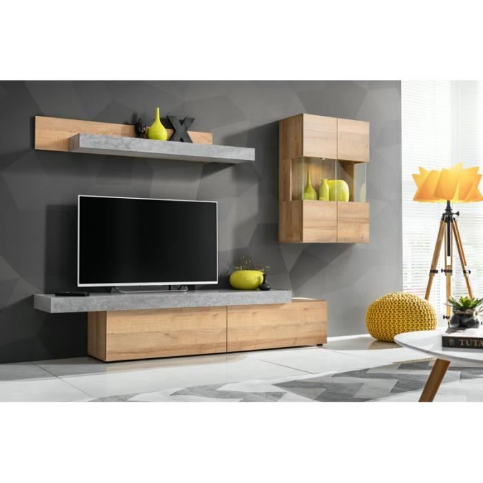 meuble tv mural concret - ac-déco - l 230 x p 40 x h 160 cm - 2 portes - beige et gris