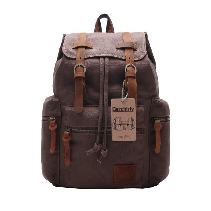 Sac Randonnee Retro Sac à dos, cuir toile Casual Vintage Sac à dos Rucksack Bookbag Sac ...