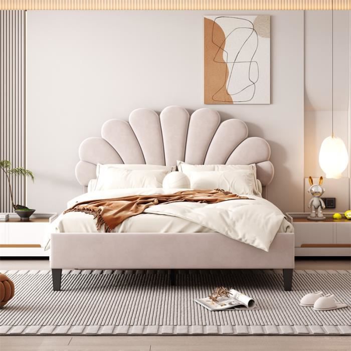 Lit double 140x190 cm avec sommier à lattes - lit adulte avec tête de lit  réglable en hauteur - tissu en velours - beige - Cdiscount Maison