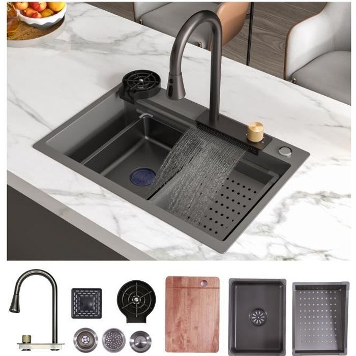 Évier de cuisine encastrable en acier inoxydable – 68,6 x 45,7 cm – Grille SS, repose-cuillère, filtre de vidange