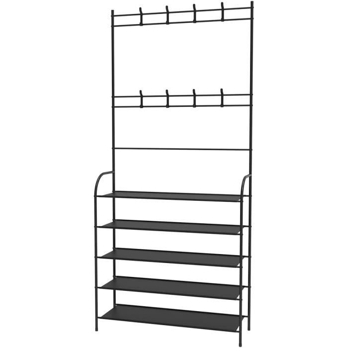 Porte-Manteau avec Étagère à Chaussures, Meuble d'Entrée avec Banc, 3-en-1, Cadre en Acier, pour