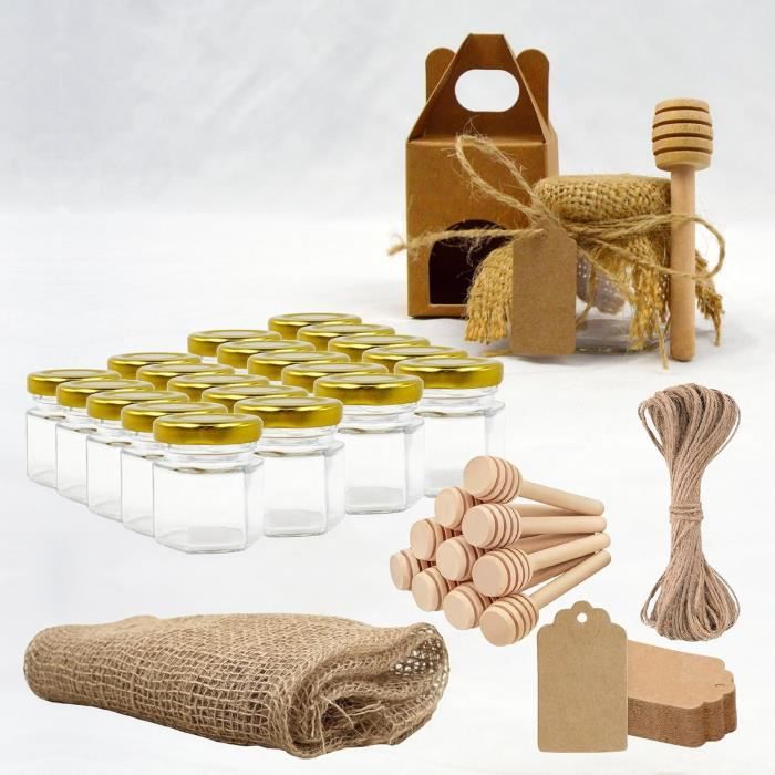 20x Petit Pot de Miel Hexagonal 45ml + 20x Boîte Kraft+ 20x Cuillère de Miel + 20x Bande de Tissu+ 20x Étiquette Kraft + Ficelle