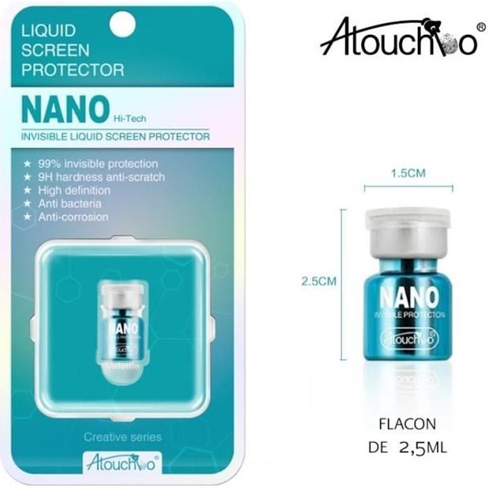 Atouchbo Nano liquide protecteur écran (smartphone, tablet, etc.) universel – Flacon 2,5ml Anti-rayures 9H, antibactérien, invisible