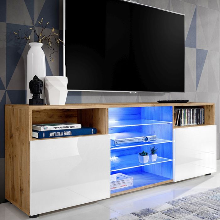 Meuble TV Urbino Komodee - LED bleues - Blanc Brillant et Bois Naturel - Facades en Brillant - 140 x 53 x 35 cm Meuble TV Urbino Komodee - LED bleues - Blanc Brillant et Bois Naturel - Facades en Brillant - 140 x 53 x 35 cm