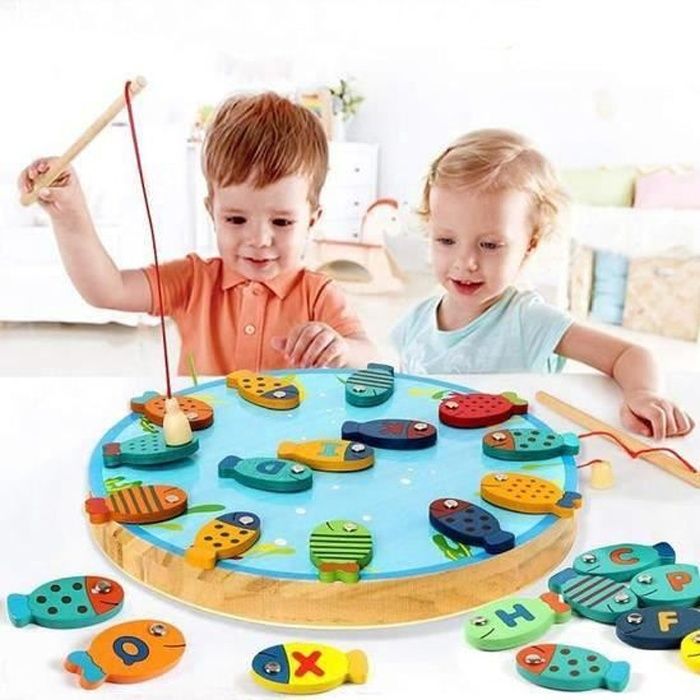 2 in 1 Jeu de Pêche 30 PCS Alphabet Magnétique en Bois Lettre Jouets de Pêche pour 3 4 5 Ans