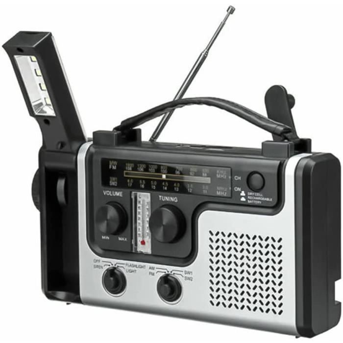 Radio De Survie à Manivelle Et Solaire - AM/FM/SW, Lampe Torche, Batterie 1000 MAh, Recharge Multiple