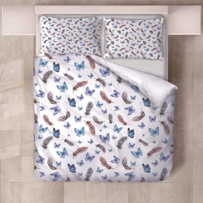 Parure De Lit 3 Pièces Microfibre - Housse Couette 90x190 Cm + 2 Taies, Motif Papillon Aquarelle, Fermeture éclair