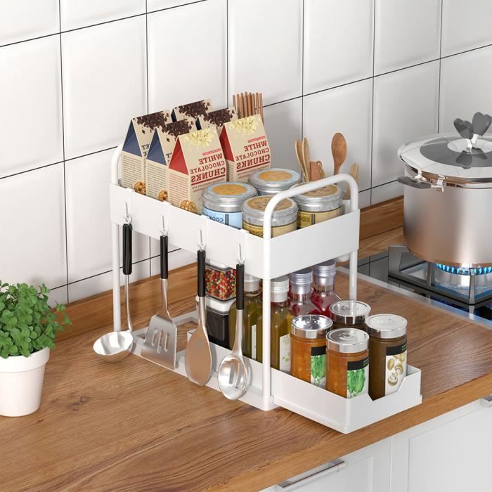 QIFAshma®Multifonctionnel Panier de Rangement Étagère à Épices Avec 4 Crochets -Blanc