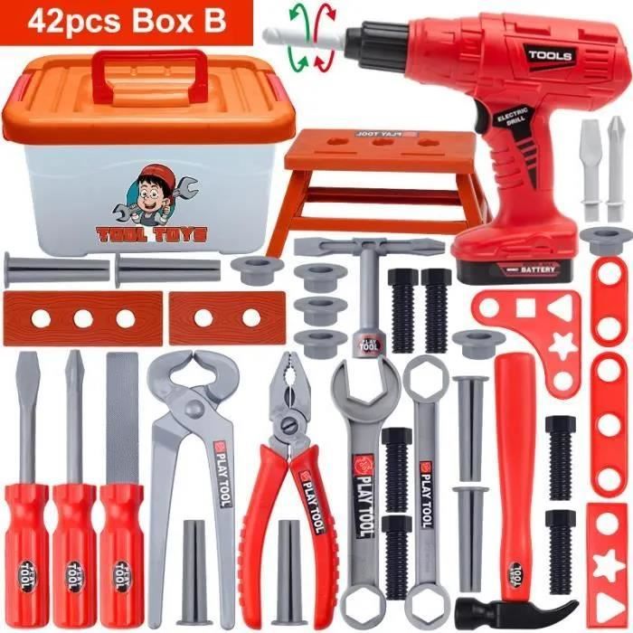 Boîte à outils enfant bricolage CALDION - 42 pièces avec perceuse électrique - Rouge