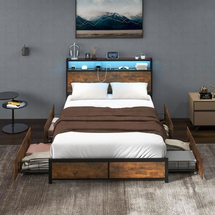 COSTWAY Lit Double Industriel pour Adulte 140x200CM - Contrôle par APP Lumineuse LED Bluetooth Prise de Courant et 4 Tiroirs