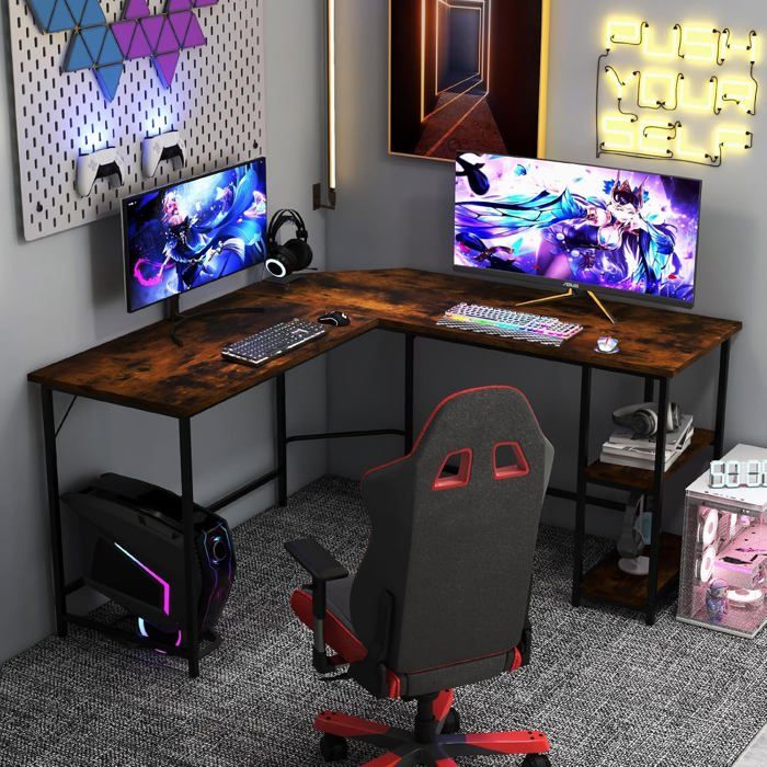 Himimi Bureau d’Angle, Bureau Informatique Gaming, Table PC en Forme de L avec 2 Niveaux de