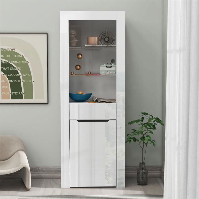 DRIPEX Vitrine avec lumières LEDArmoire avec étagères de rangementtiroir et porteVitrine de rangement H165cmBlanc