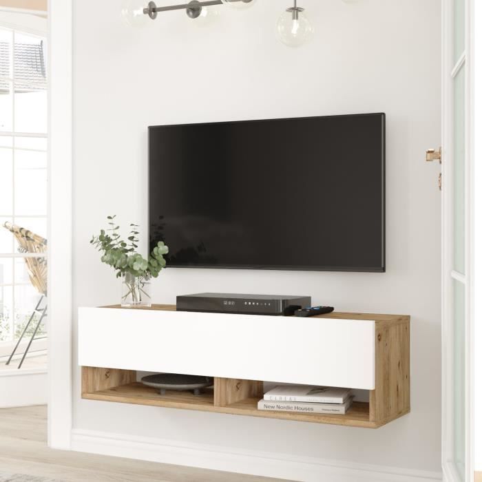 Meuble TV Laitila à porte 295 x 100 x 315 cm effet bois de pin - blanc [en.casa]