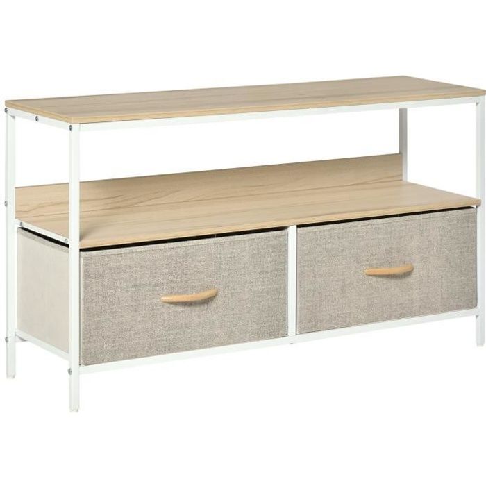 meuble tv bas sur pieds style industriel 2 tiroirs tissu gris acier mdf blanc bois clair