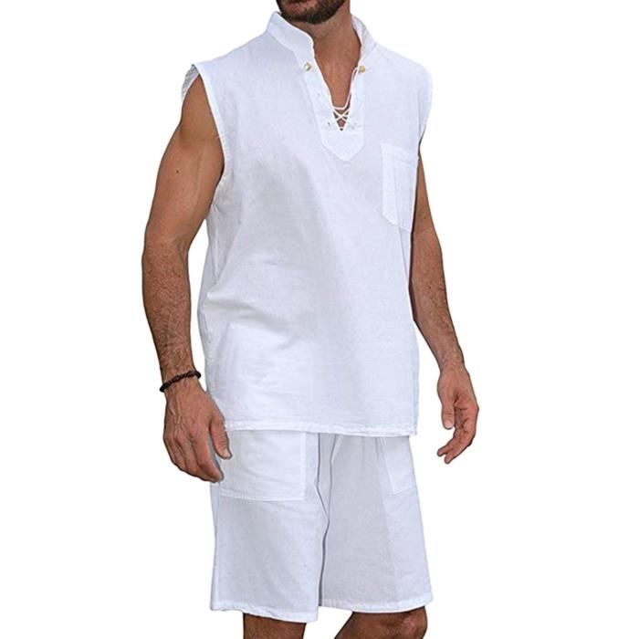 Ensemble de haut en lin en coton de couleur unie sans manches pour
