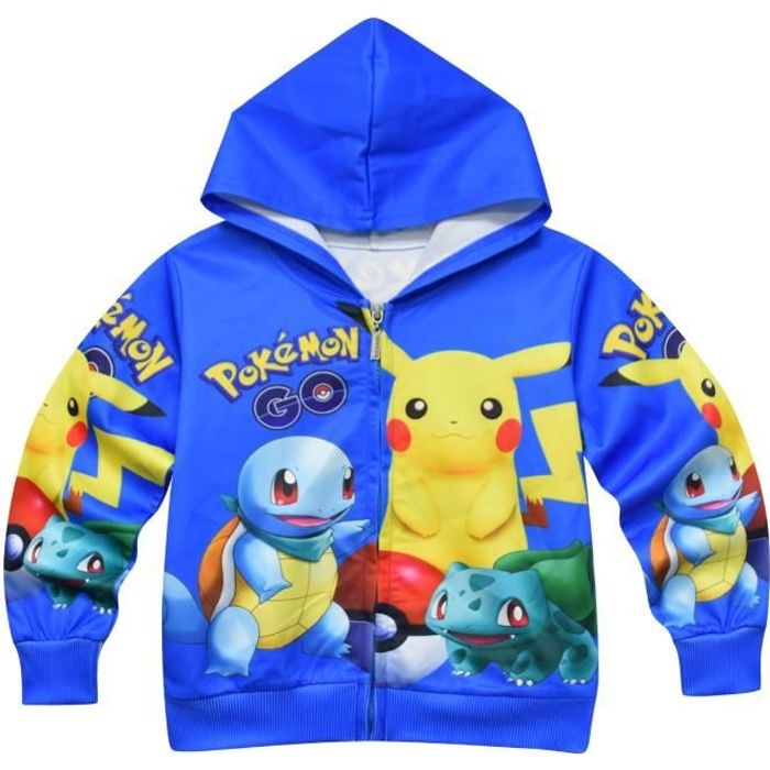 Cartoon Enfants Pokemon Pikachu Garçon Fille Sweatshirt à capuche Zippé Manteau Imprimée Bleu