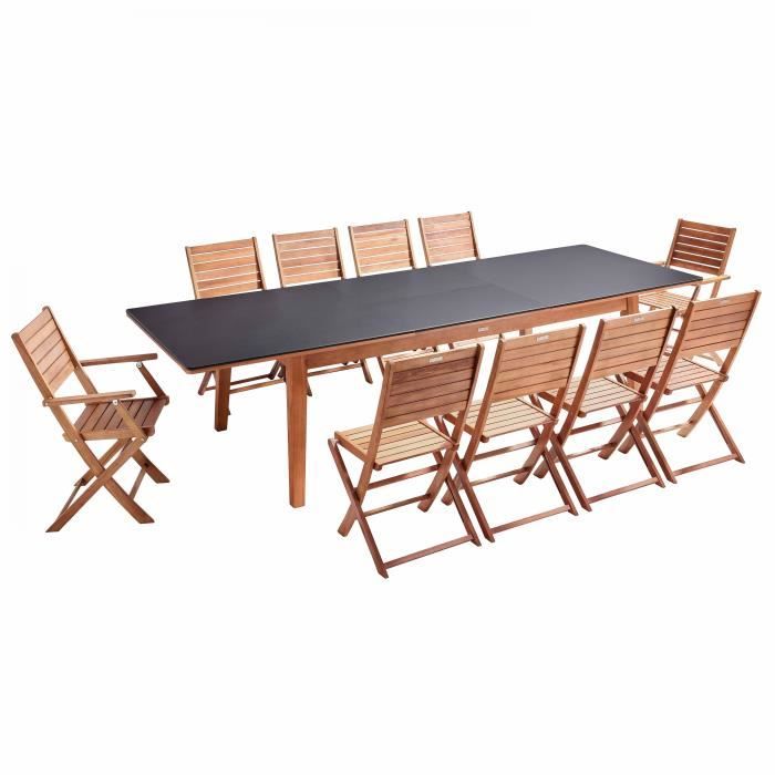 Table et 10 chaises de jardin - Oviala - Bois massif - Blanc - Naturel