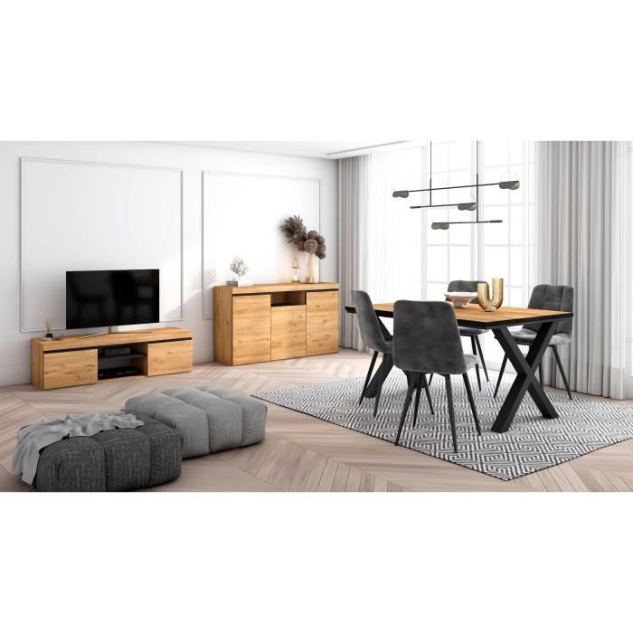 Ensemble de meubles de salon, Table 140 Front Noir pieds X 6 convives, Meuble TV 140, Buffet 140, Chêne et Noir, RF1260