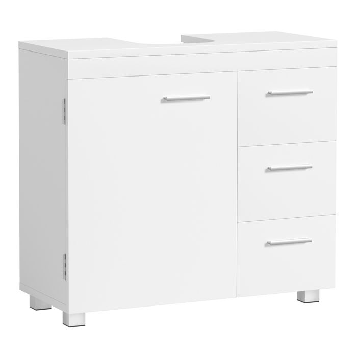 Meuble sous Lavabo Meuble de Salle de Bain 3 Tiroirs Latéraux 2 Cases Derrière la Porte avec Pieds 30 x 70 x 64 cm Blanc