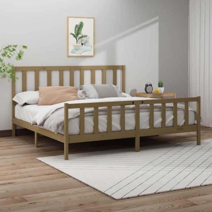 Cadre De Lit En Bois Massif 200x200 Cm – Teinte Miel – Neuf