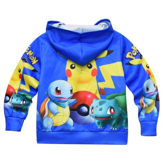 Cartoon Enfants Pokemon Pikachu Garçon Fille Sweatshirt à capuche Zippé  Manteau Imprimée Bleu