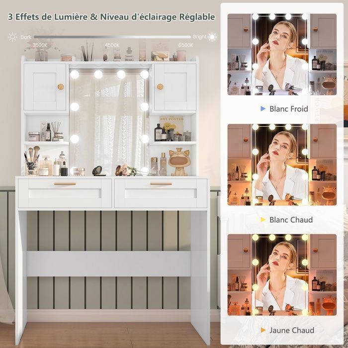 TEENFON Grande Coiffeuse Avec LED En Trois Couleurs, Coiffeuse Avec 5