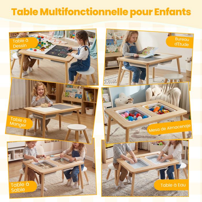 COSTWAY 2 en 1 80PCS Table Circuit de Train en Bois avec Plateau Réversible, Table Enfants avec Apparence Colorée, Coins Arrondis, Table de Jeux Train pour Enfants de 3 Ans+, 82,5x60x40cm