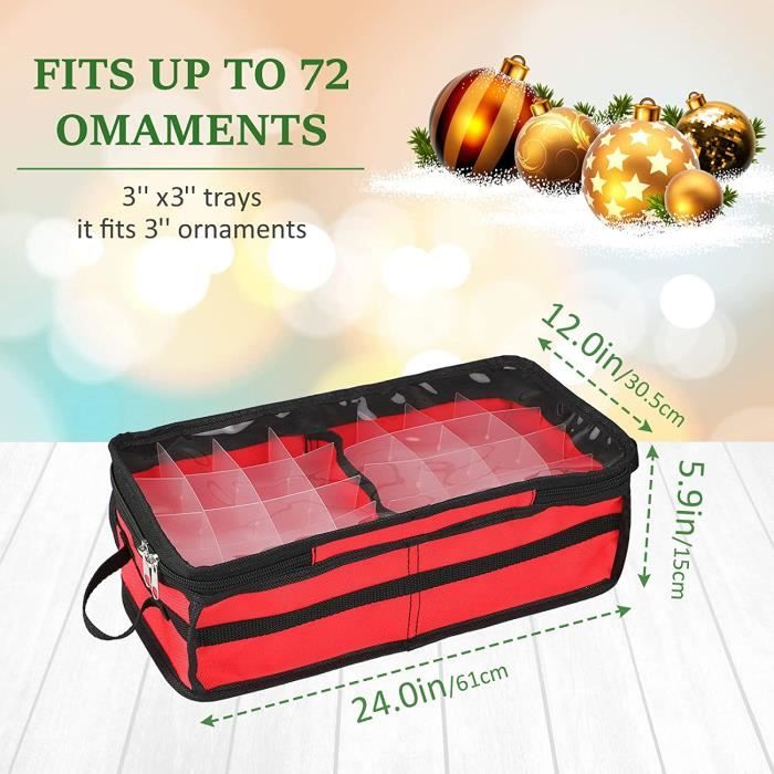 THE TWIDDLERS - Boîte De Rangement 64 Boules De Noël - Compartiments Ajustables, Fermeture éclair Rouge, Poignées - Plastique PP Transparent