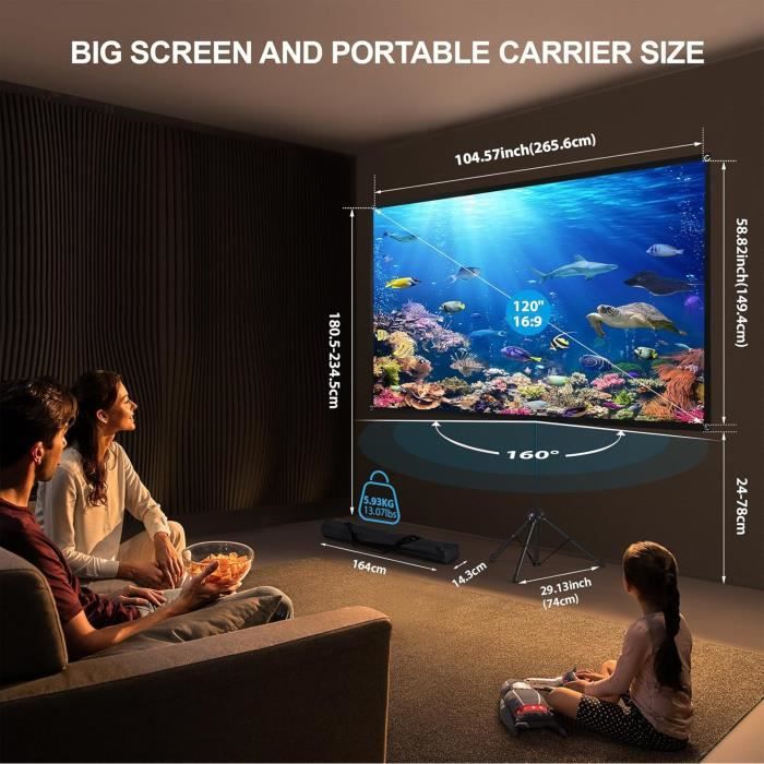 Écran Projecteur 120 Pouces 16:9 Pliable - Support Pied - 4K HD - Pour Intérieur/Extérieur