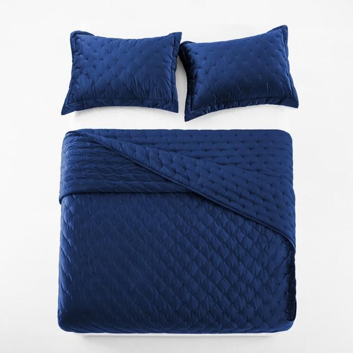 Couvre-lit matelassé en velours moelleux - King (240 x 240 cm) + 2 taies d' oreiller (50 x 70 cm) - Bleu marine - Cdiscount Maison