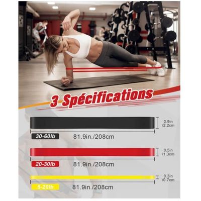 Kit de bandes de résistance, 5 niveaux différents, bandes de fitness, avec ancrage de porte, poignée et sac de transport, idéal pour le yoga, le pilates et la musculation