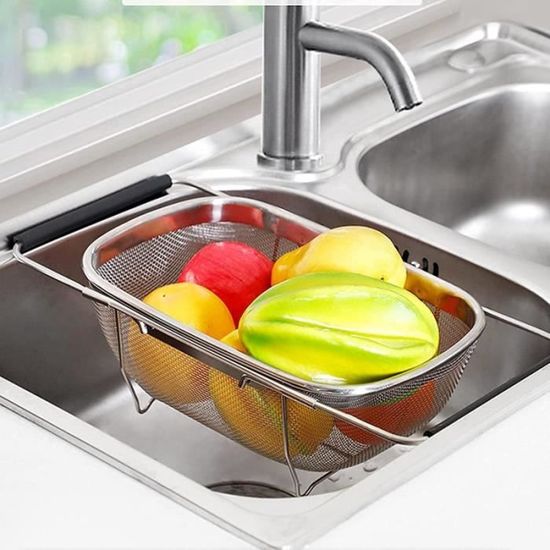 Passoire Maille Fine Polyvalente Passoire Extensible Pour évier En Acier Inoxydable - Maille Fine, Poignées En Caoutchouc - Grande Taille Pour Pâtes, Légumes, Tamisage