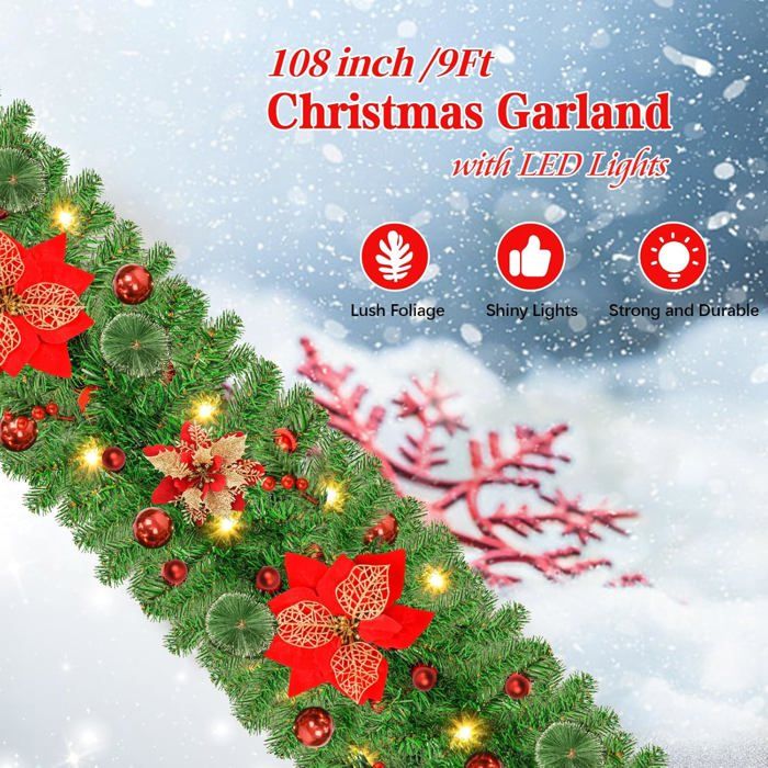 Guirlande De Noël Lumineuse 270 Cm Avec LED, Fleurs Et Pommes De Pin - Décoration Intérieur/extérieur