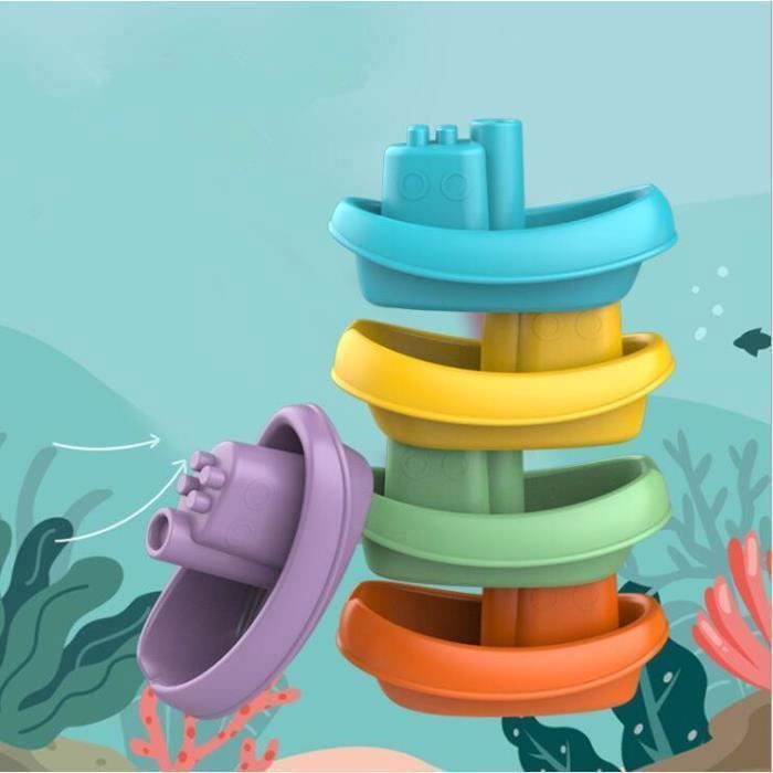 Bebe Jouets De Bain Pour Bebe, 15 Piu00e8ces Bu00e9bu00e9 U00e0 Presser Sensoriels Avec Bateaux Empilables Et Cuillu00e8re, Silicone Souple Enfant Jeux Educatif 6 9 12 Mois 1 2 3 Ans Jouet Bain