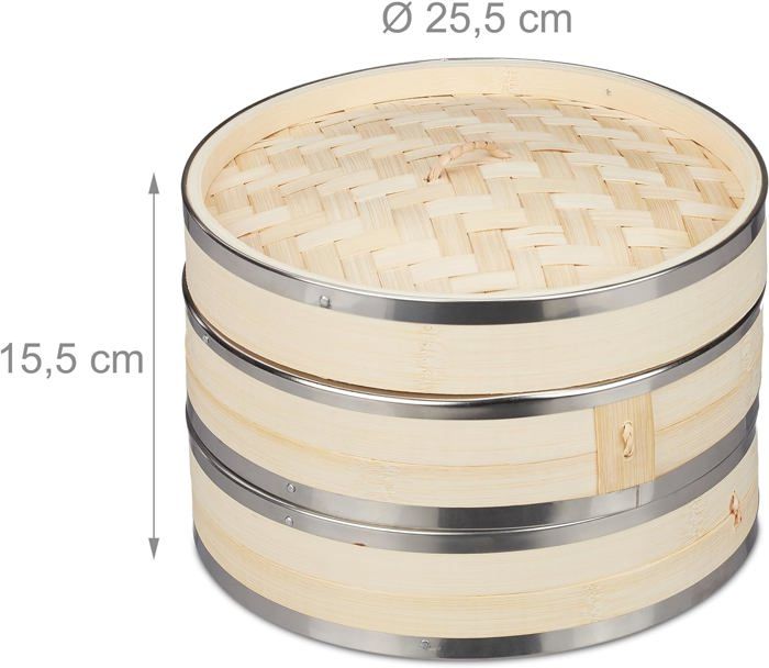 Cuiseur Vapeur Bambou Relaxdays 3 Niveaux | Ø 24 Cm | Pour Riz, Dimsum, Légumes | Style Asiatique